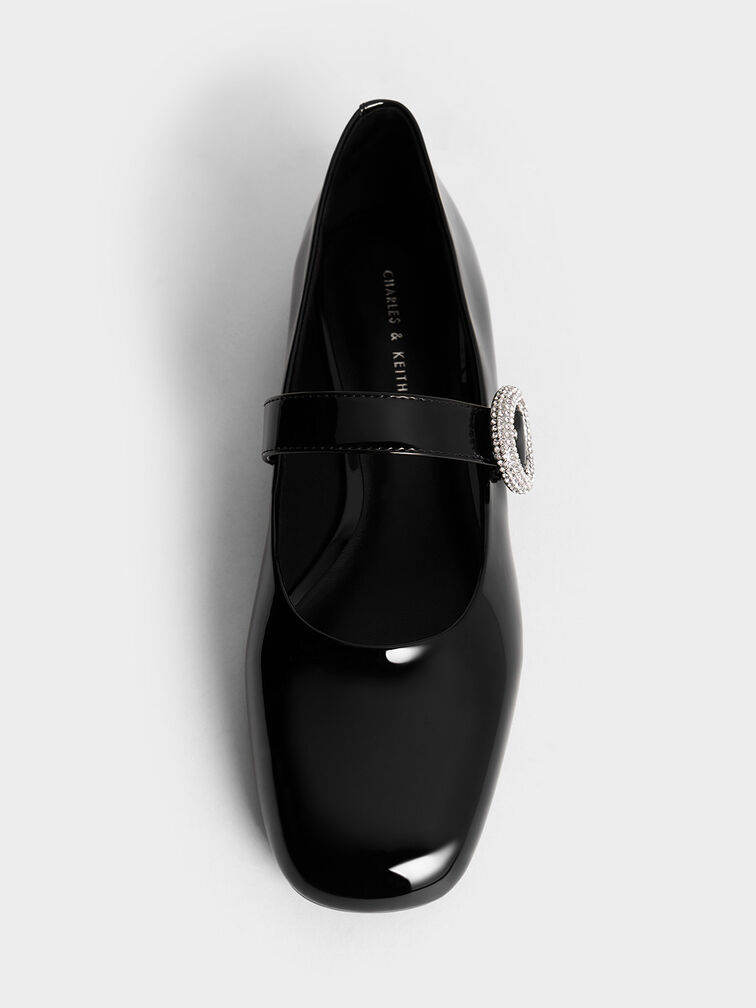 Patent Crystal-Embellished Buckle Mary Jane Flats, Black Patent, hi-res