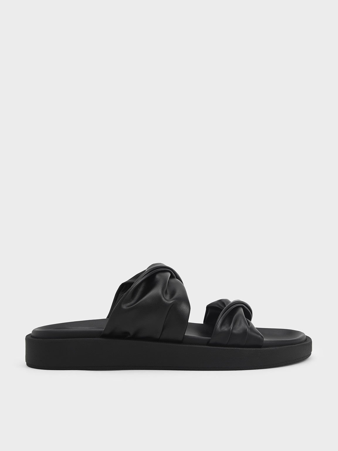 Twist Strap Padded Slide Sandals, Black, hi-res