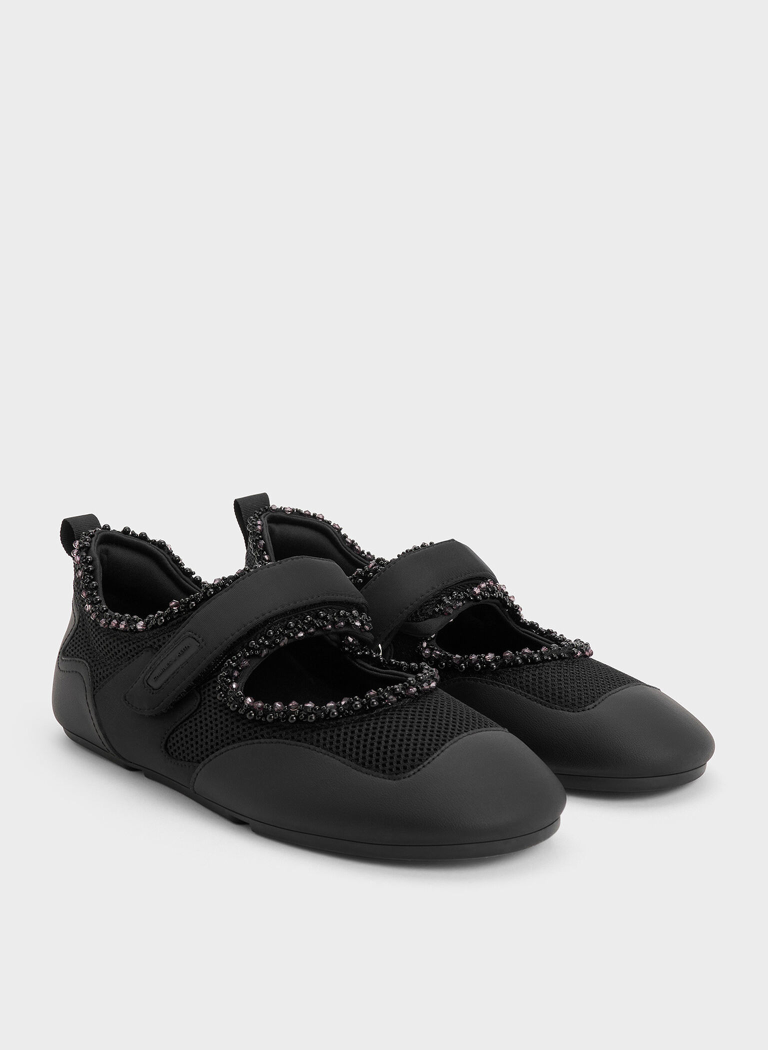 Mesh Pearl-Embellished Mary Jane Sneakers, Black Textured, hi-res