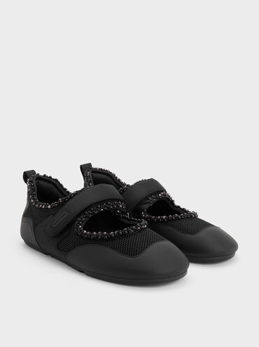 Mesh Pearl-Embellished Mary Jane Sneakers, Black Textured, hi-res