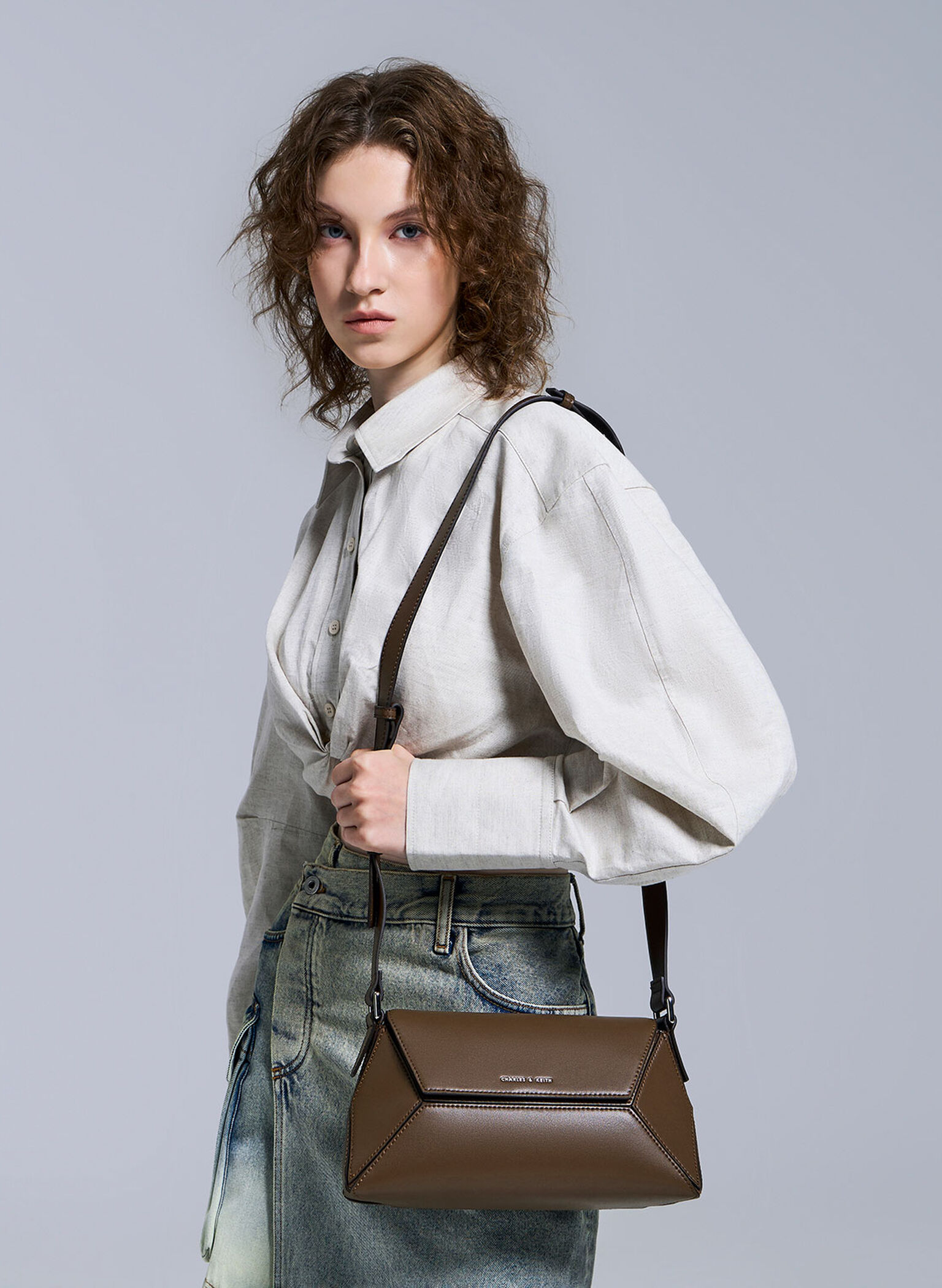 Nasrin Geometric Shoulder Bag, Dark Brown, hi-res