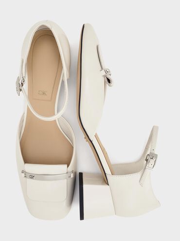 Leather Square-Toe D'Orsay Ankle-Strap Pumps, Chalk, hi-res