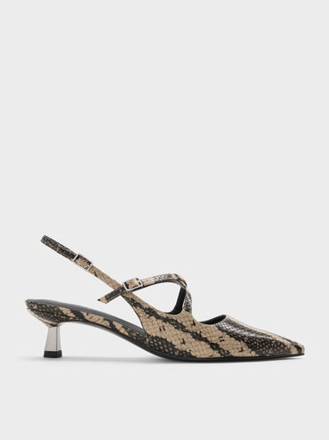 Pauline Snake-Print Crossover Slingback Kitten Heels, Animal Print Natural, hi-res