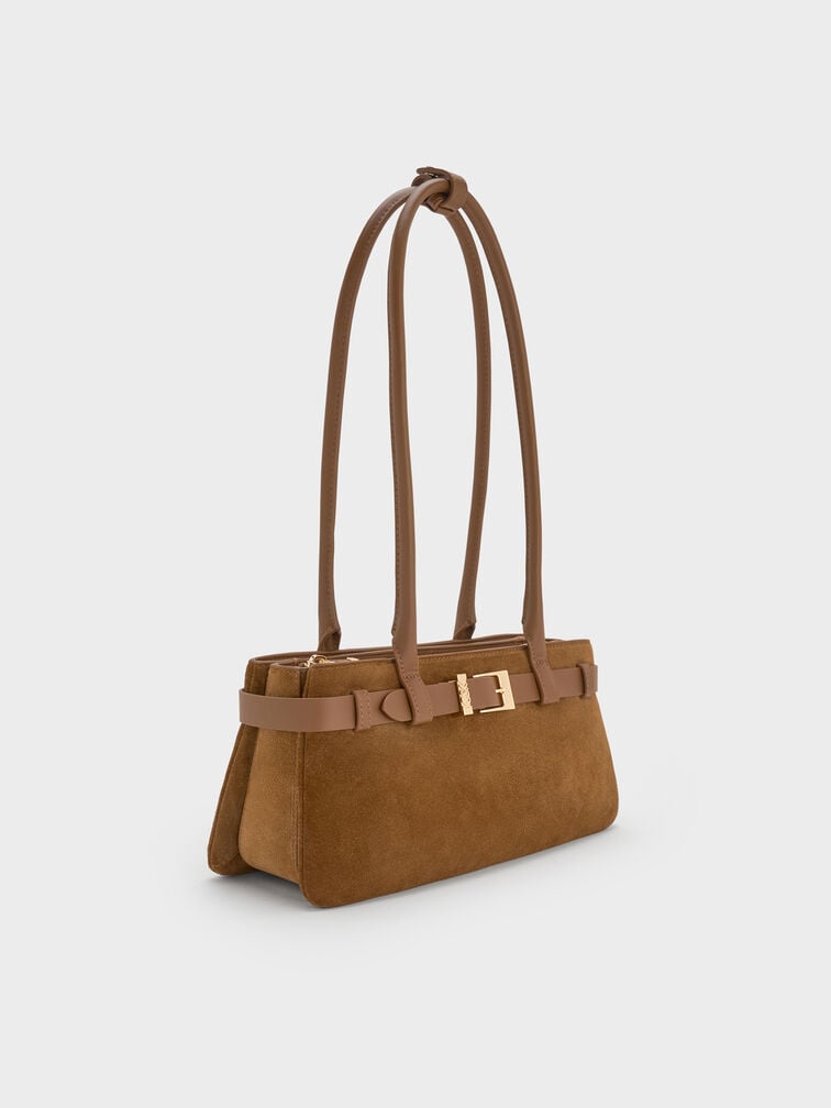 Jody Suede Belted Shoulder Bag, Ember Brown, hi-res