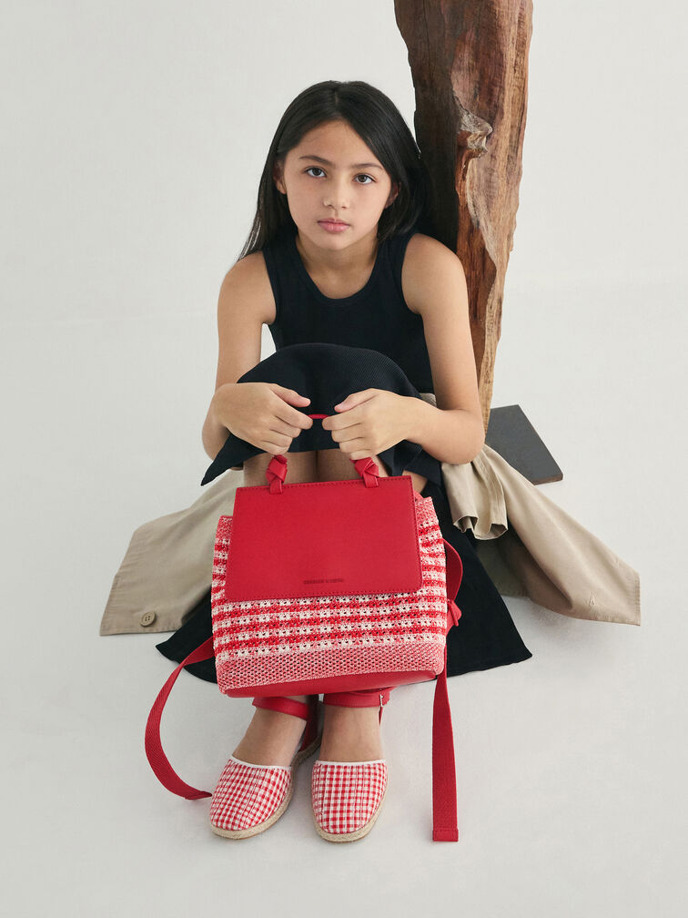 Girls' Ida Knitted Gingham Backpack, Gingham Red, hi-res