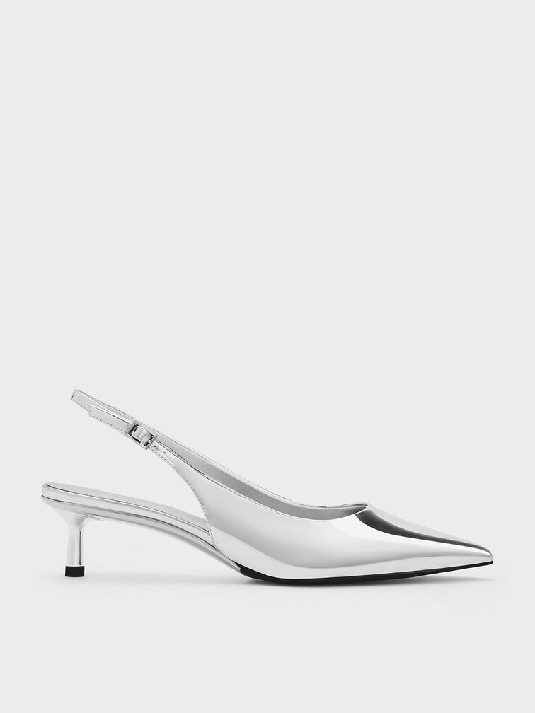 Curtis Metallic Pointed-Toe Kitten-Heel Slingback Pumps, Silver, hi-res