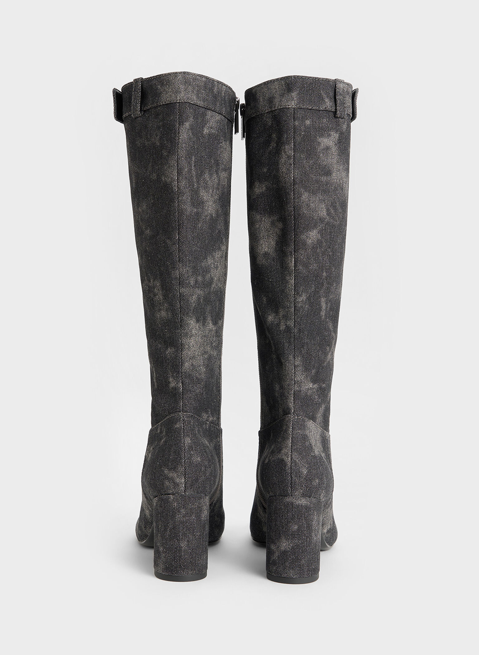 Denim Block-Heel Knee-High Biker Boots, Dark Grey, hi-res