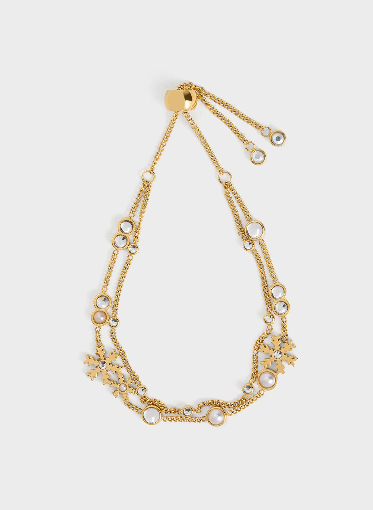 Snowflake-Motif Pearl & Crystal Double Bracelet, Gold, hi-res