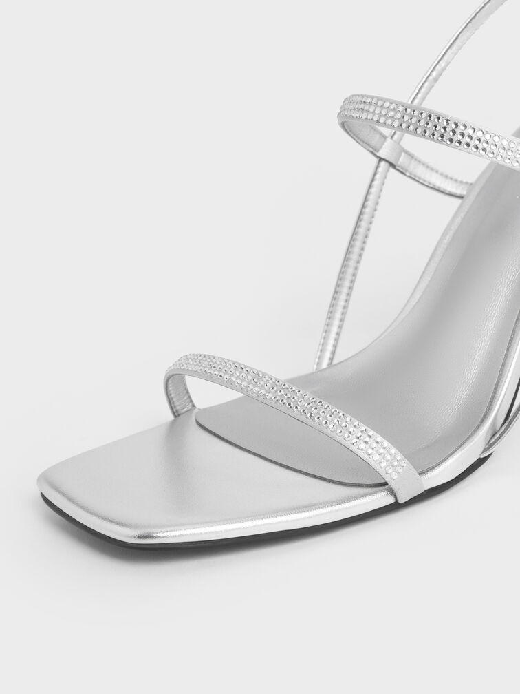 Arona Metallic Crystal-Embellished Stiletto-Heel Sandals, Silver, hi-res