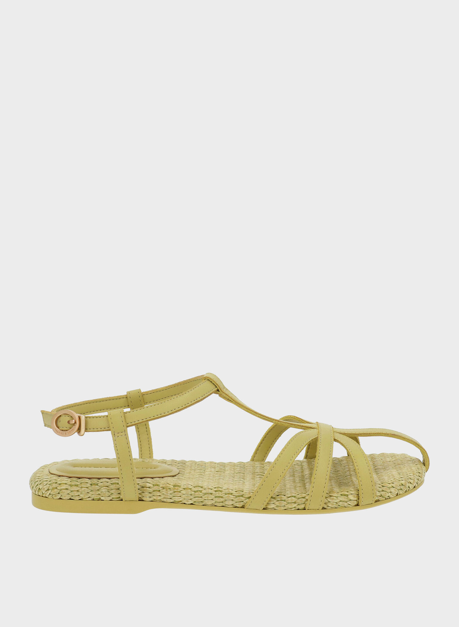 Strappy Raffia T-Bar Ankle-Strap Sandals, Olive, hi-res