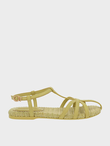 Strappy Raffia T-Bar Ankle-Strap Sandals, Olive, hi-res