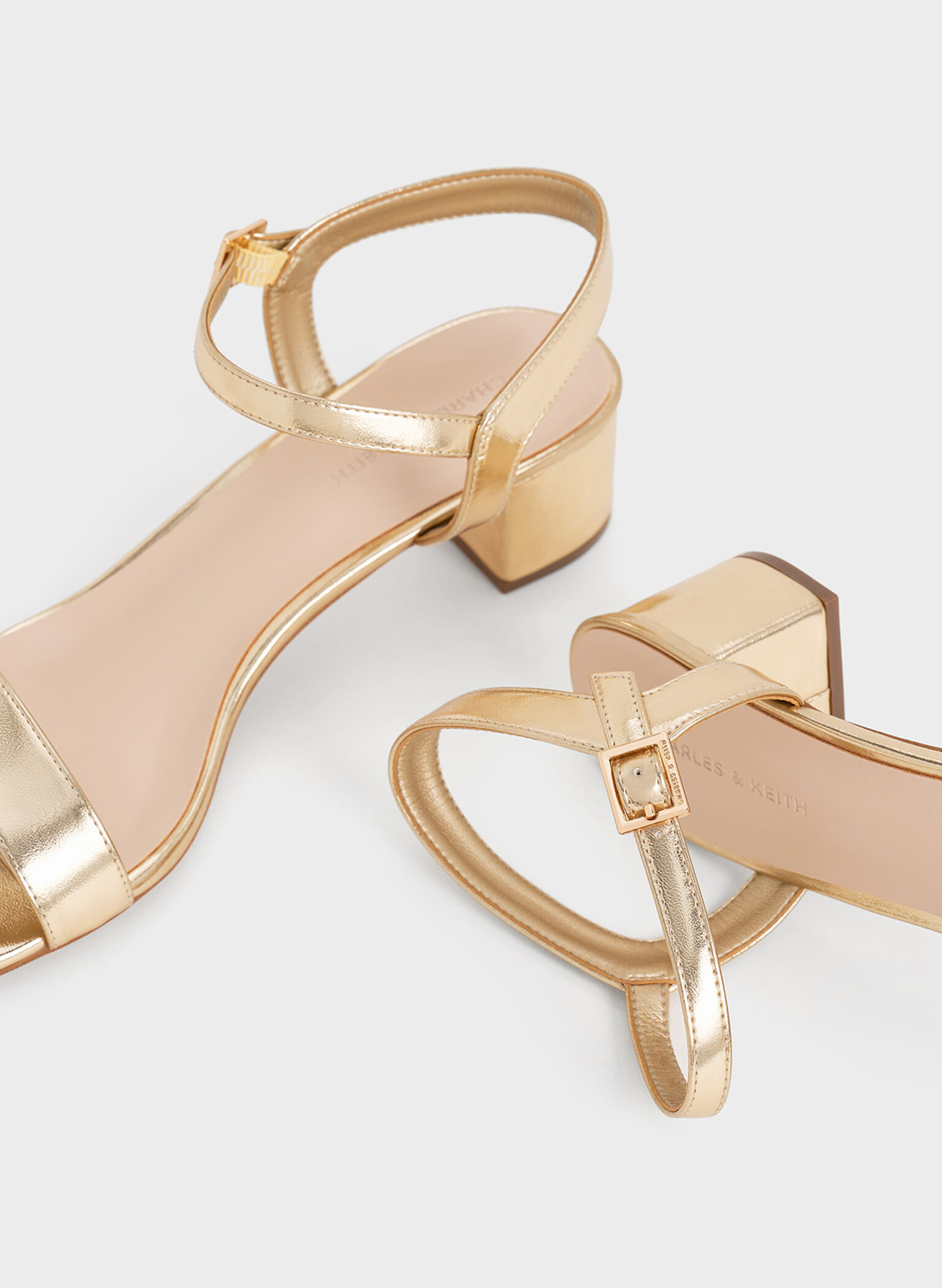 Metallic Block Heel Ankle-Strap Sandals, Light Gold, hi-res