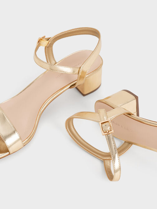 Metallic Block Heel Ankle-Strap Sandals, Light Gold, hi-res