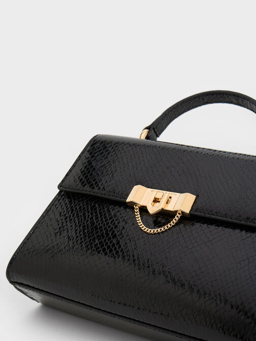 Tallulah Snake-Print Trapeze Top Handle Bag, Black, hi-res