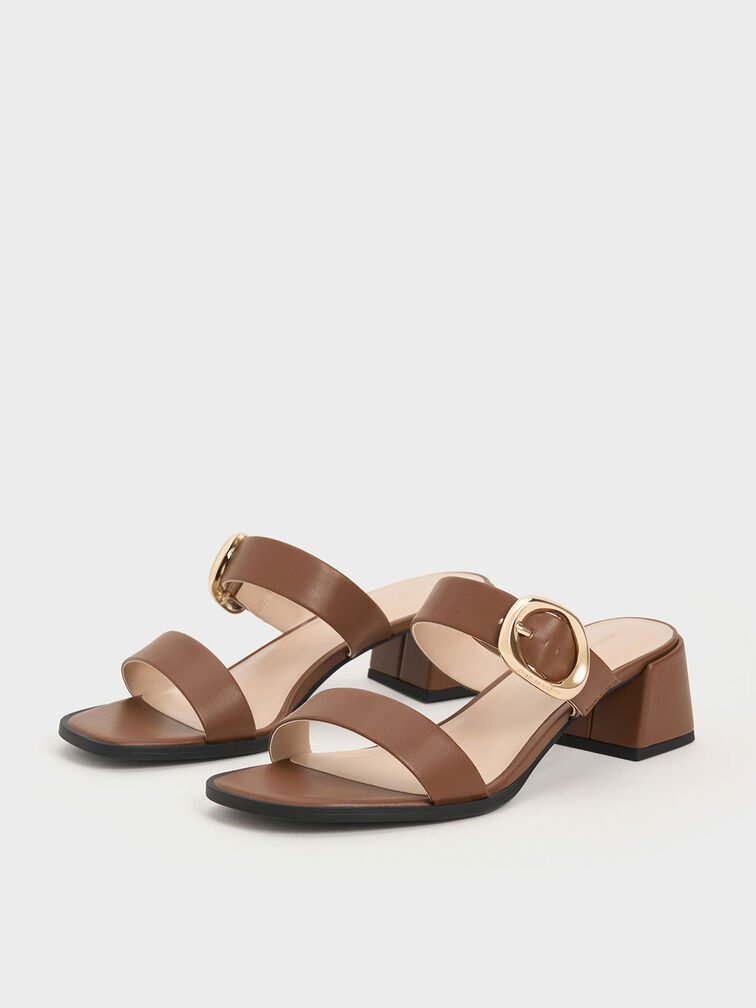 Oval-Buckle Heeled Mules, Cognac, hi-res