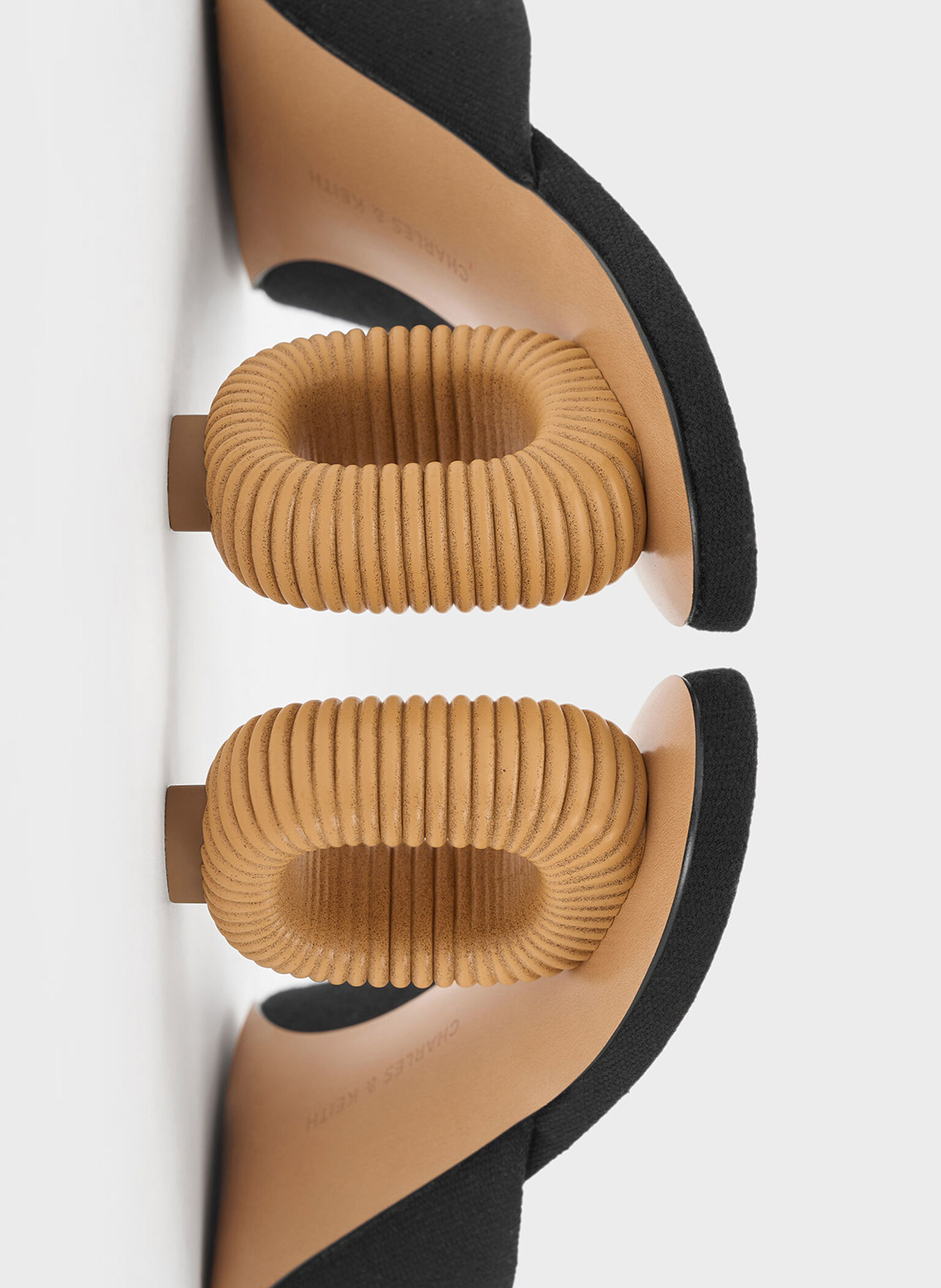 Linen Cut-Out Sculptural-Heel Mules, Black Textured, hi-res