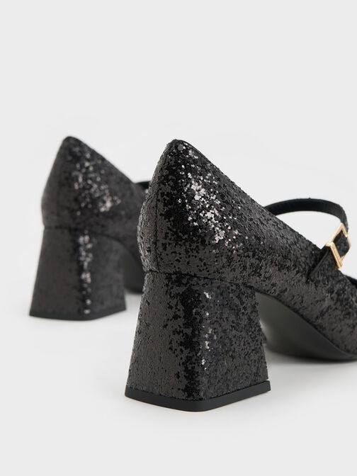 Patent Glittered Trapeze-Heel Mary Janes, Black Textured, hi-res