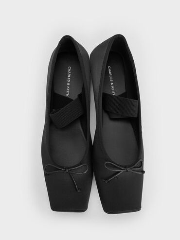 Satin Square-Toe Mary Jane Ballet Flats, Black Textured, hi-res