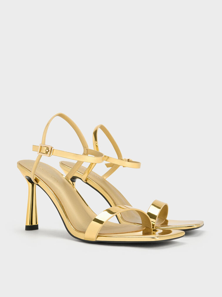 Metallic Square-Toe Ankle-Strap Heeled Sandals, Gold, hi-res