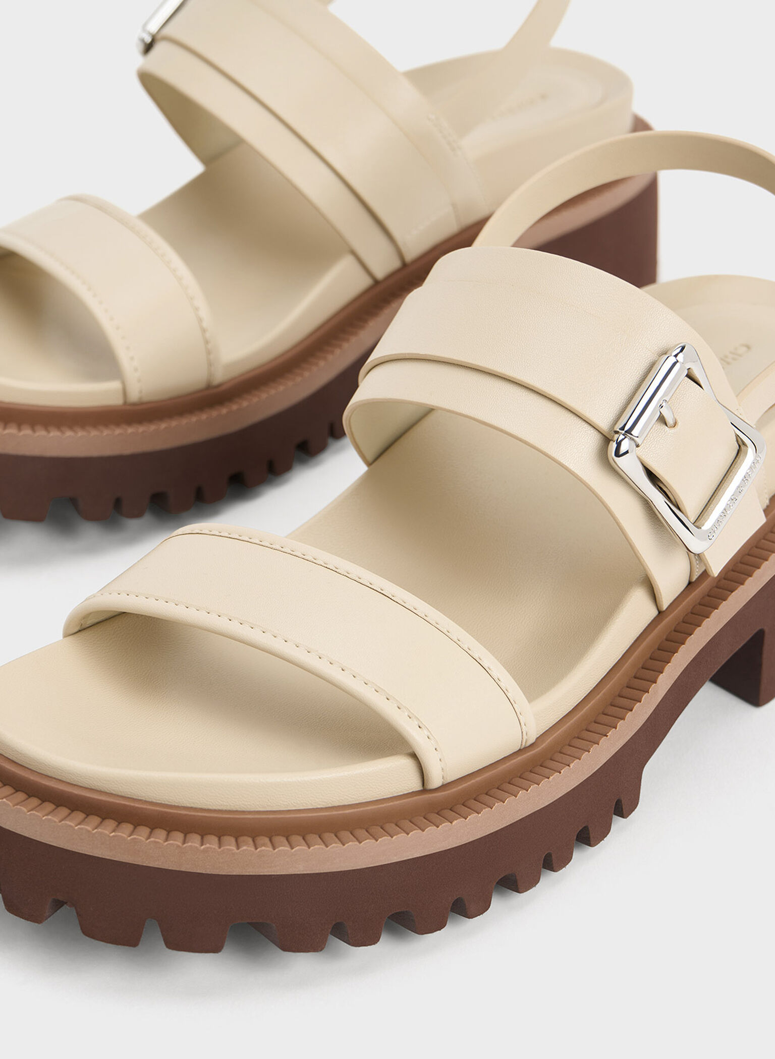 Buckled Platform Slingback Sandals, Taupe, hi-res
