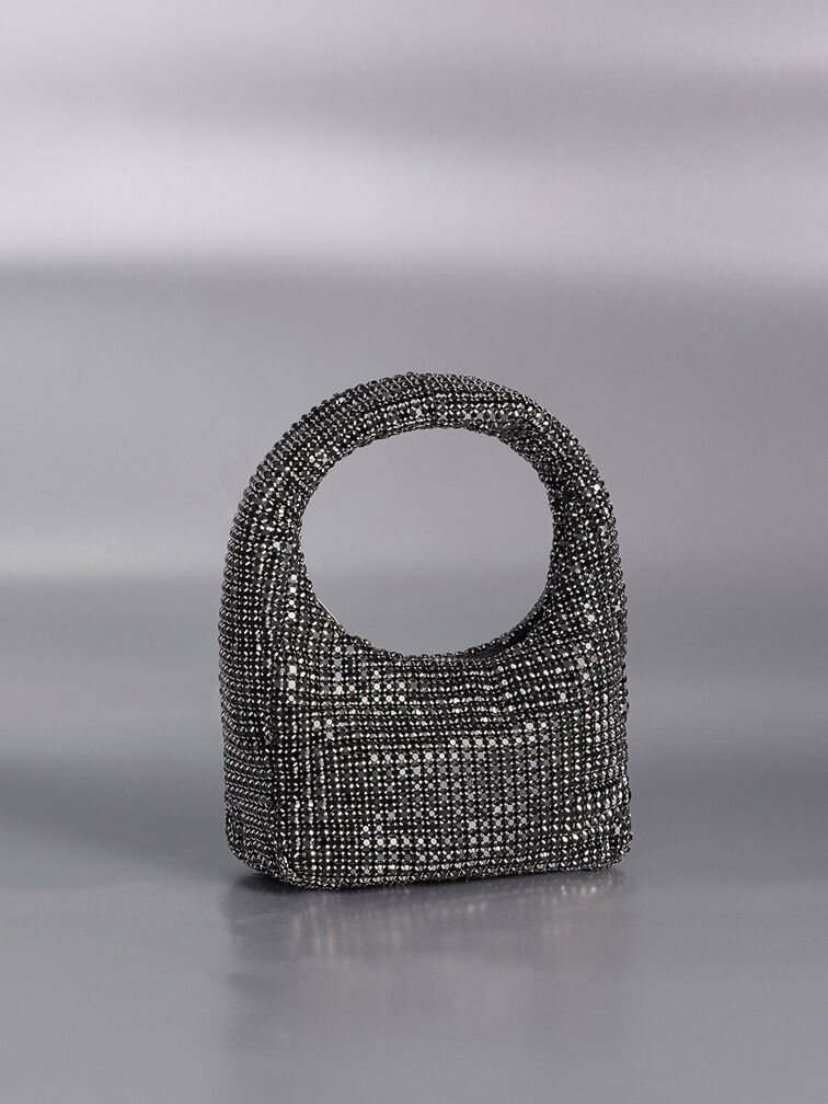 Crystal-Embellished Hobo Bag, Noir, hi-res