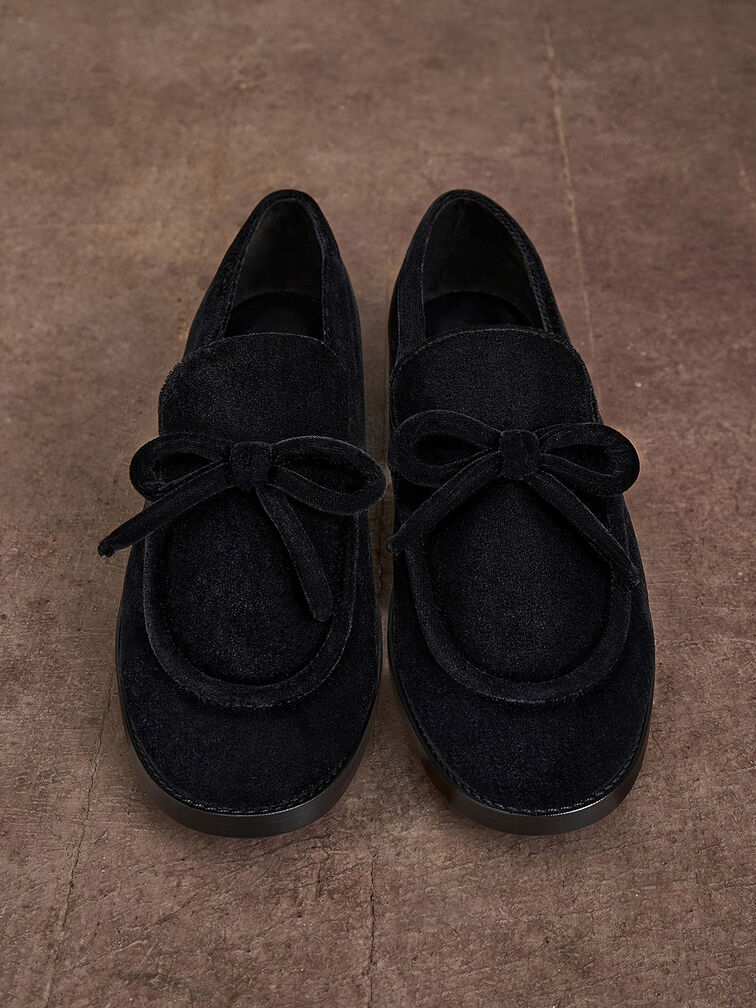Velvet Bow Loafers, Black Textured, hi-res