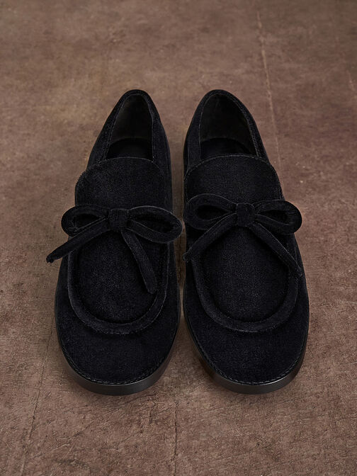 Velvet Bow Loafers, Black Textured, hi-res
