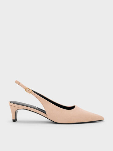 Faux Suede Pointed-Toe Kitten-Heel Slingback Pumps, Nude, hi-res
