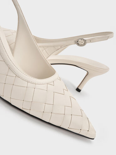 Woven Pointed-Toe Slingback Pumps, Chalk, hi-res