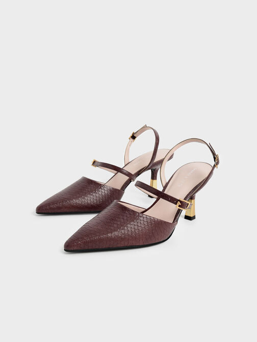 Snake-Print Double Strap Slingback Pumps, Animal Print Brown, hi-res