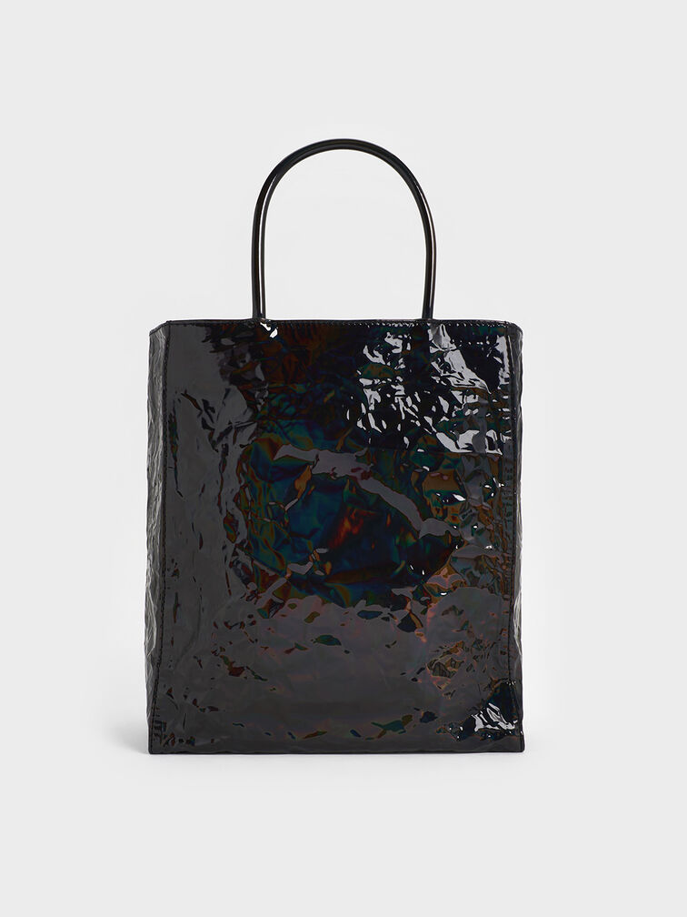 Large Matina Patent Crinkle-Effect Elongated Tote Bag, Prism Noir, hi-res