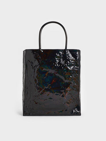 Large Matina Patent Crinkle-Effect Elongated Tote Bag, Prism Noir, hi-res