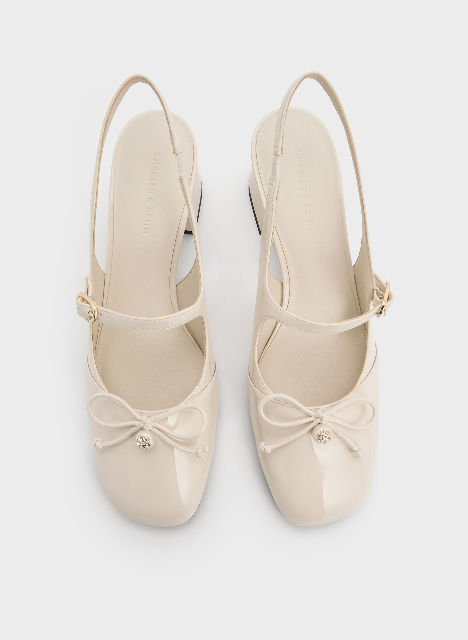 Patent Bow Crystal-Pearl Slingback Mary Jane Pumps, Chalk, hi-res