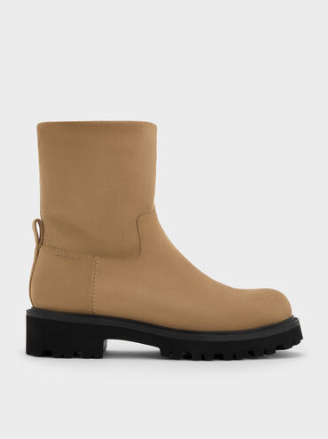 Devan Faux Suede Side-Zip Ridged-Sole Calf Boots, Camel, hi-res