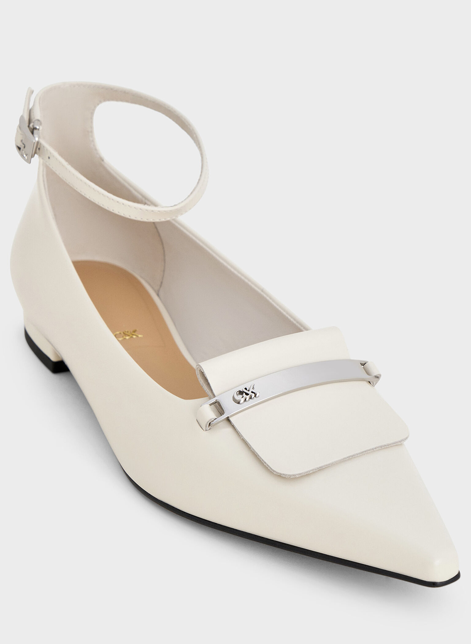 Leather Metallic-Accent Pointed-Toe Ankle-Strap Flats, Chalk, hi-res