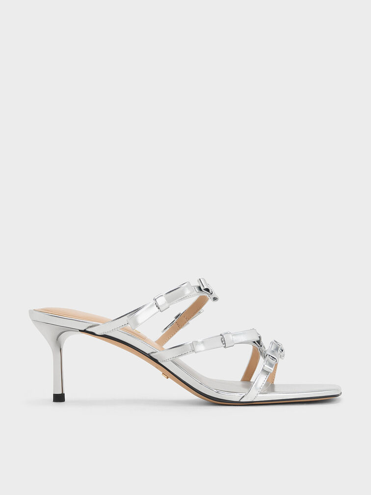 Jessy Metallic Leather Bow Heeled Sandals, Silver, hi-res