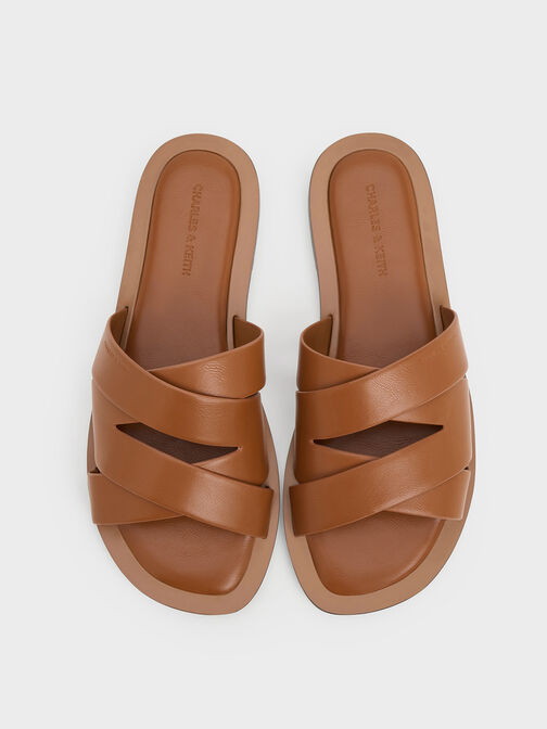 Strappy Crossover Slide Sandals, Cognac, hi-res