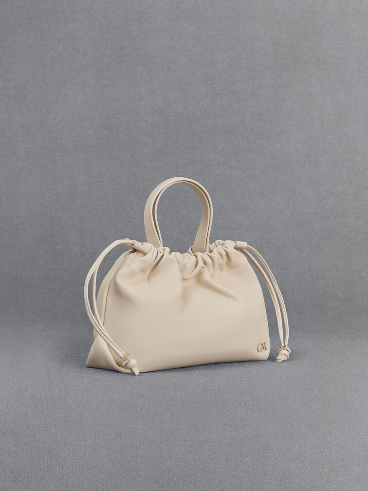 Leather Ruched Drawstring Bag, Chalk, hi-res