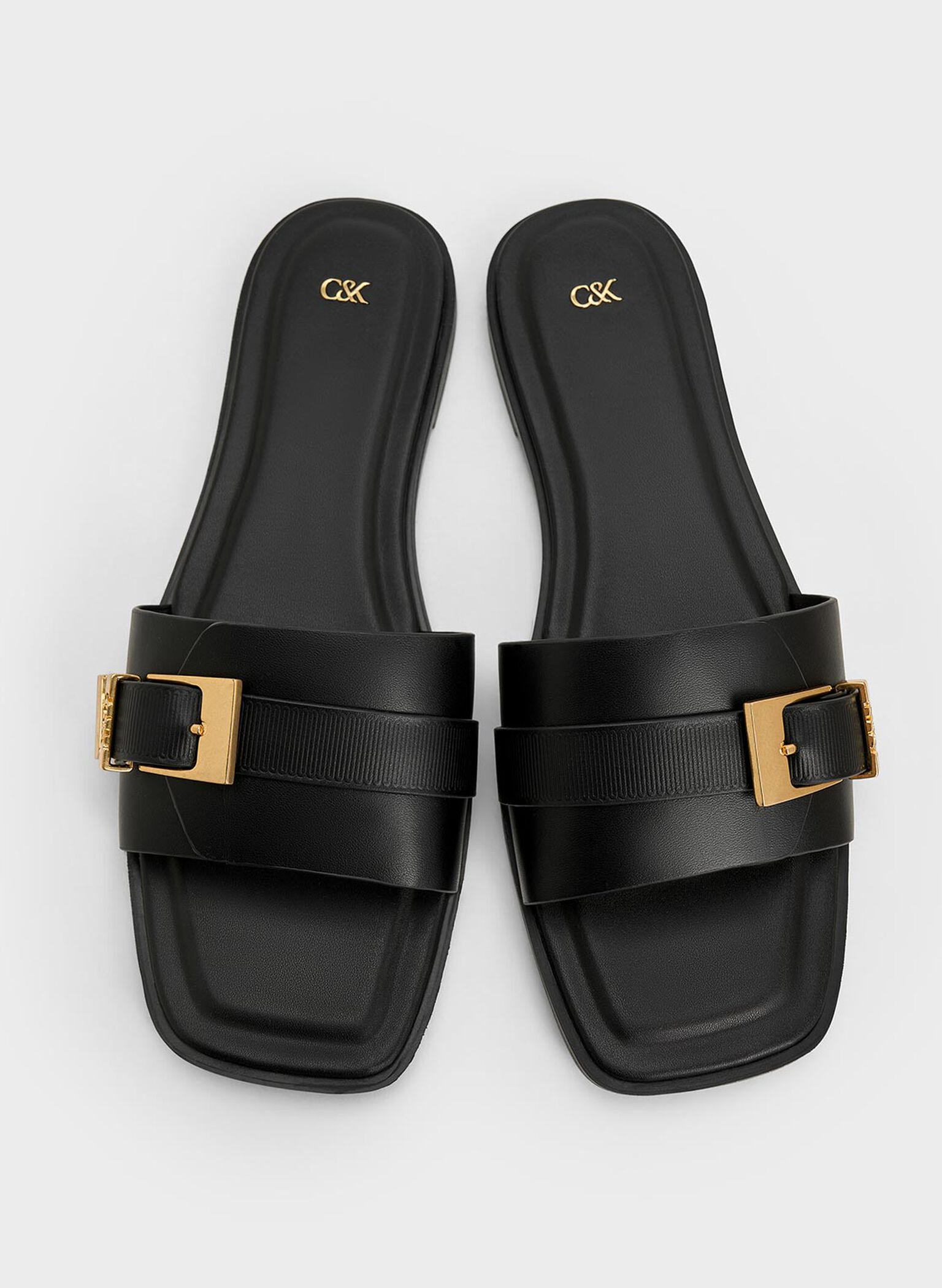 Leather Buckled Square-Toe Slide Sandals, Black, hi-res