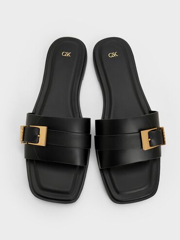 Leather Buckled Square-Toe Slide Sandals, Black, hi-res