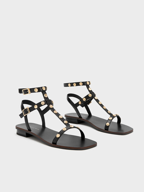 Studded Gladiator Sandals, Black, hi-res