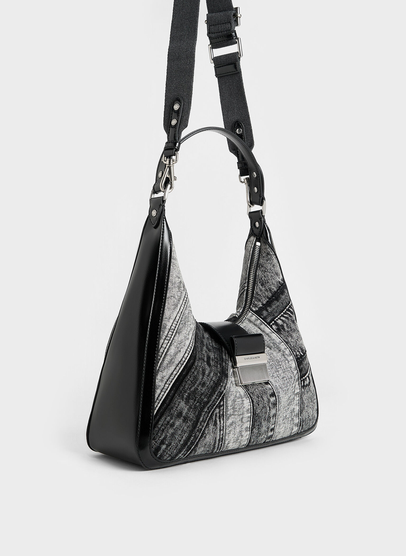 Charlot Patchwork Denim Hobo Bag, Noir, hi-res