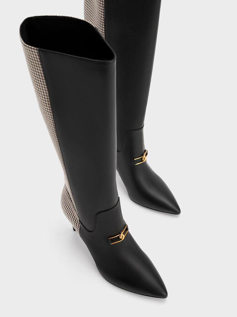 Gabine Leather Checkered Heeled Knee-High Boots, Multi, hi-res