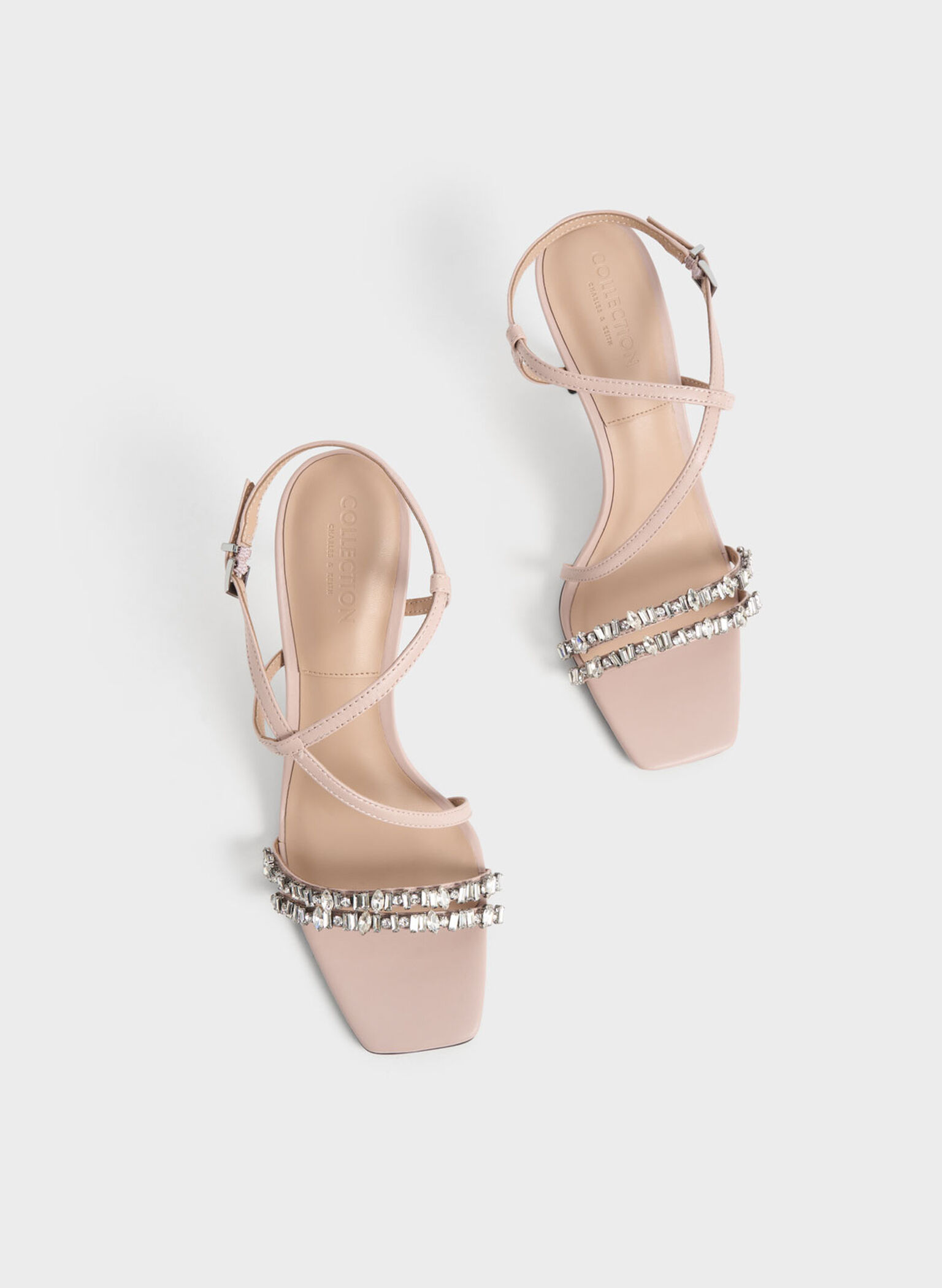 Leather Gem-Embellished Strappy Sandals, Nude, hi-res
