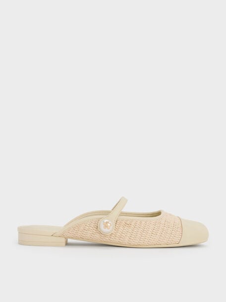 Aeryn Raffia Pearl-Embellished Slip-On Mary Janes, Cream, hi-res