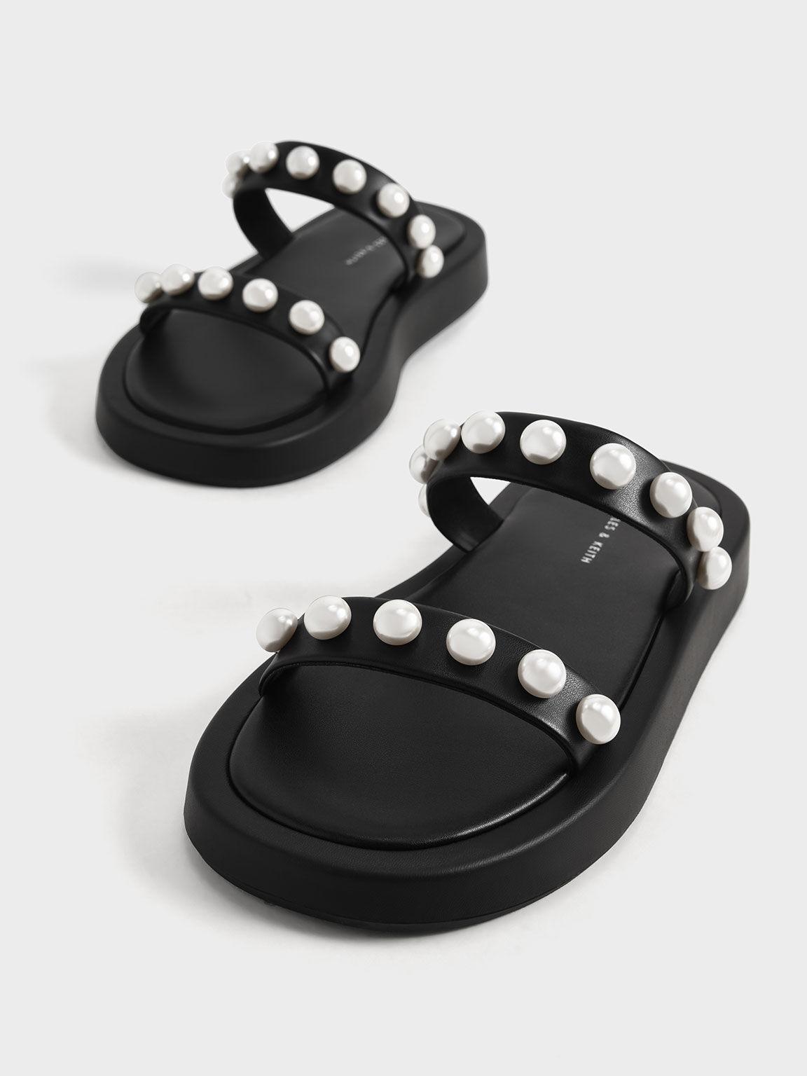 Pearl-Embellished Slide Sandals, Black, hi-res