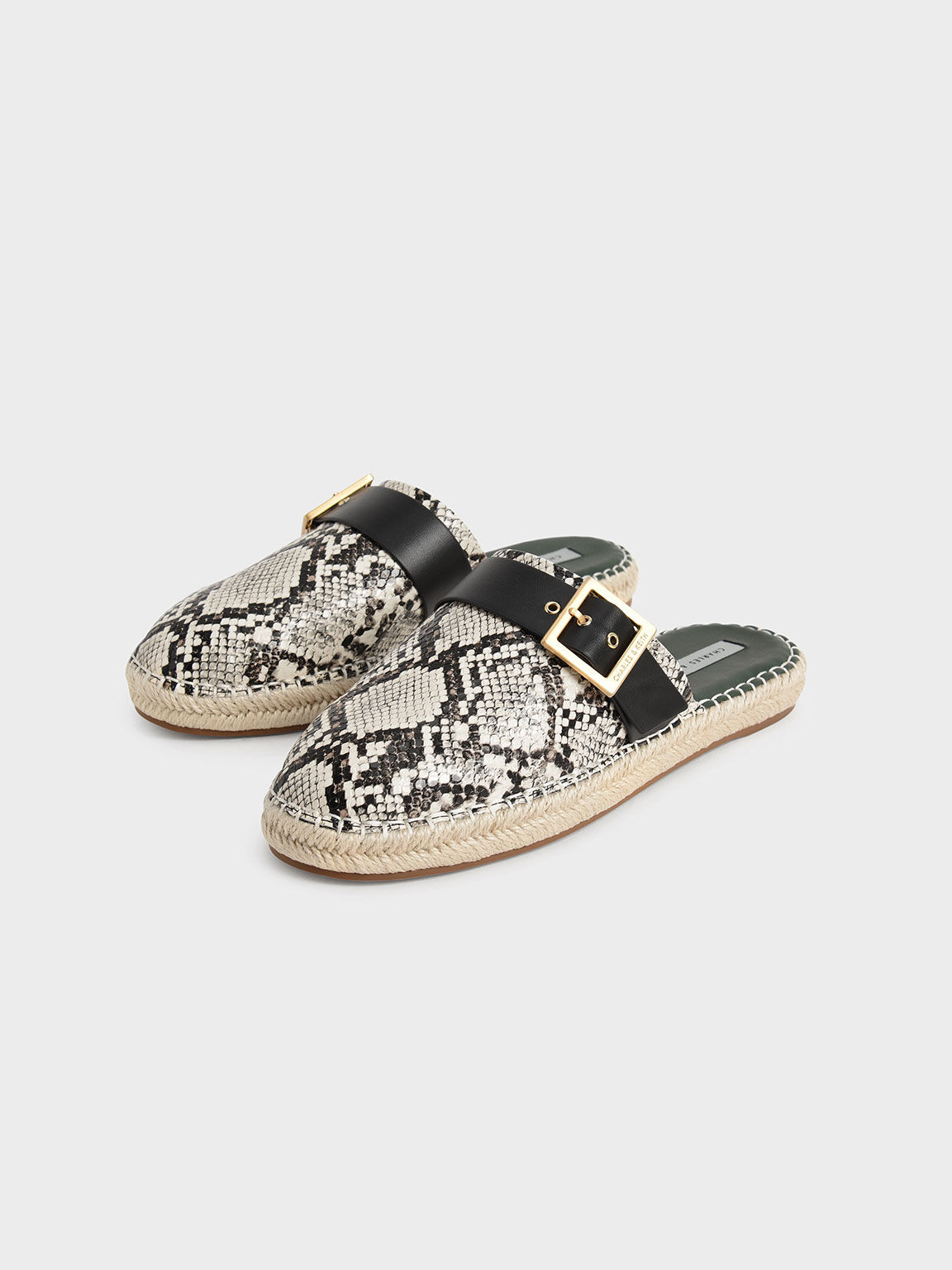 Snake Print Buckled Espadrille Mules Animal Print Natural