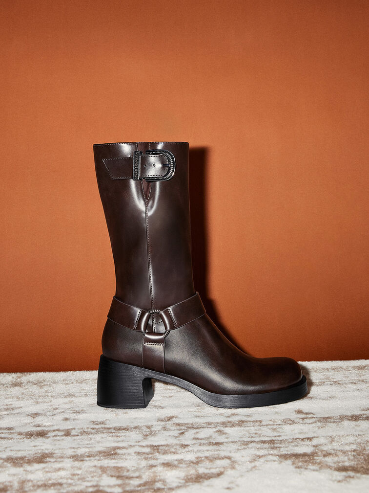 Kirke Buckled Mid-Calf Biker Boots, Dark Brown, hi-res