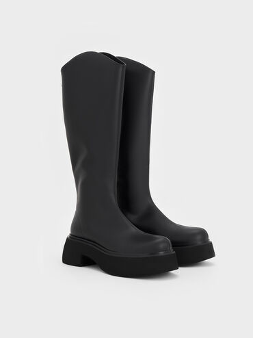 Cowboy Platform Knee-High Boots, Black, hi-res