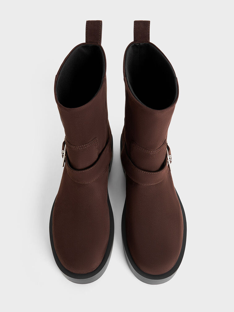 Faux Suede Buckle-Strap Biker Boots, Dark Brown, hi-res